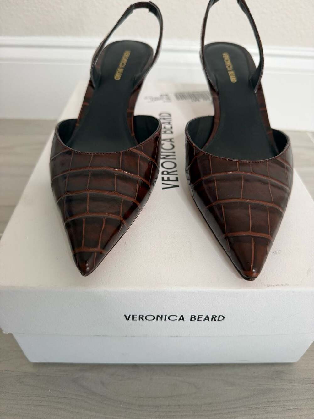 Veronica Beard Caroline Croc-Embossed Leather Slingback Pumps Chocolate Brown